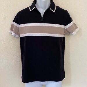 Alfani NEW Men's Small Black with White & Tan Stripe Retro Stretch Polo